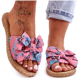 FK1 Sandale de damă cu fundă din țesătură, flori roz