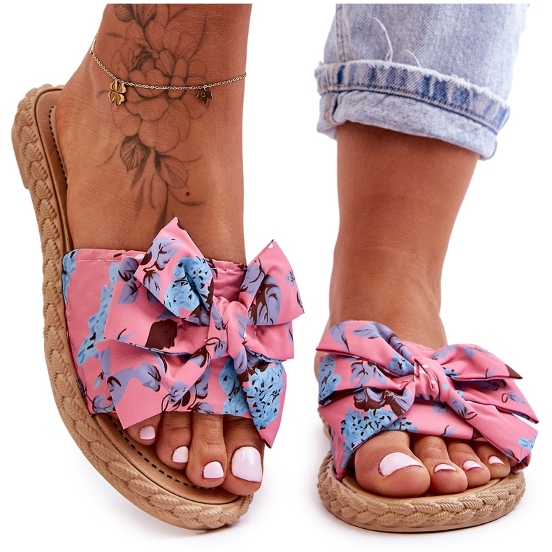 FK1 Sandale de damă cu fundă din țesătură, flori roz