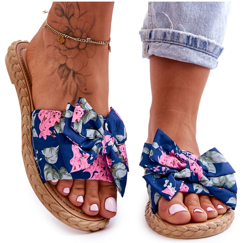 FK1 Papuci De Dama Cu Fundita De Tesatura Floare Bleumarin albastru