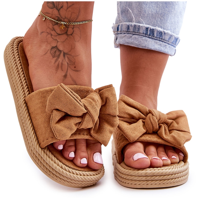 FK1 Papuci Femei din piele intoarsa Camel Fency, cu fundita maro