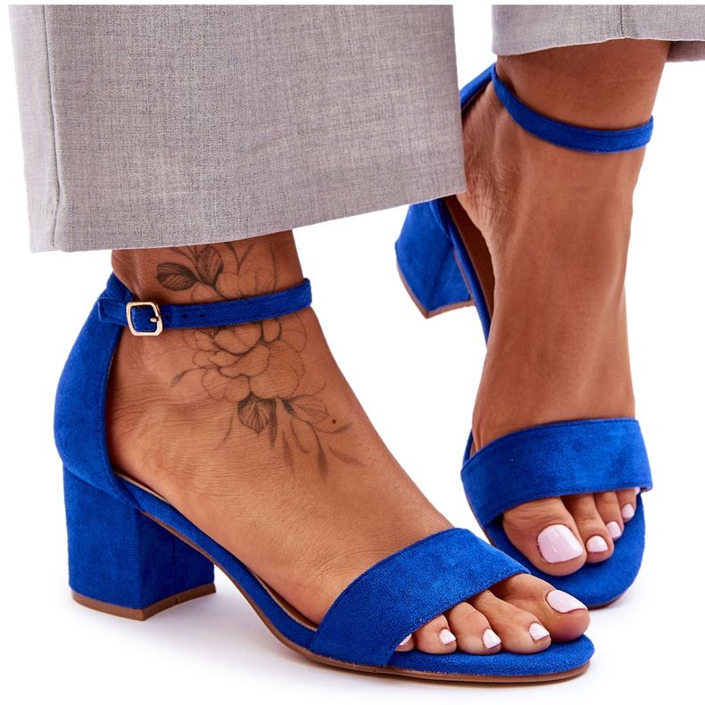 Sandale clasice din piele intoarsa cu toc mic albastru pentru luna de miere