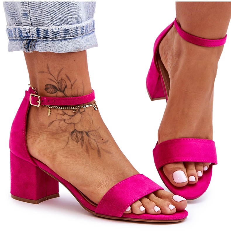 Sandale clasice din piele intoarsa, fucsia, cu toc mic roz