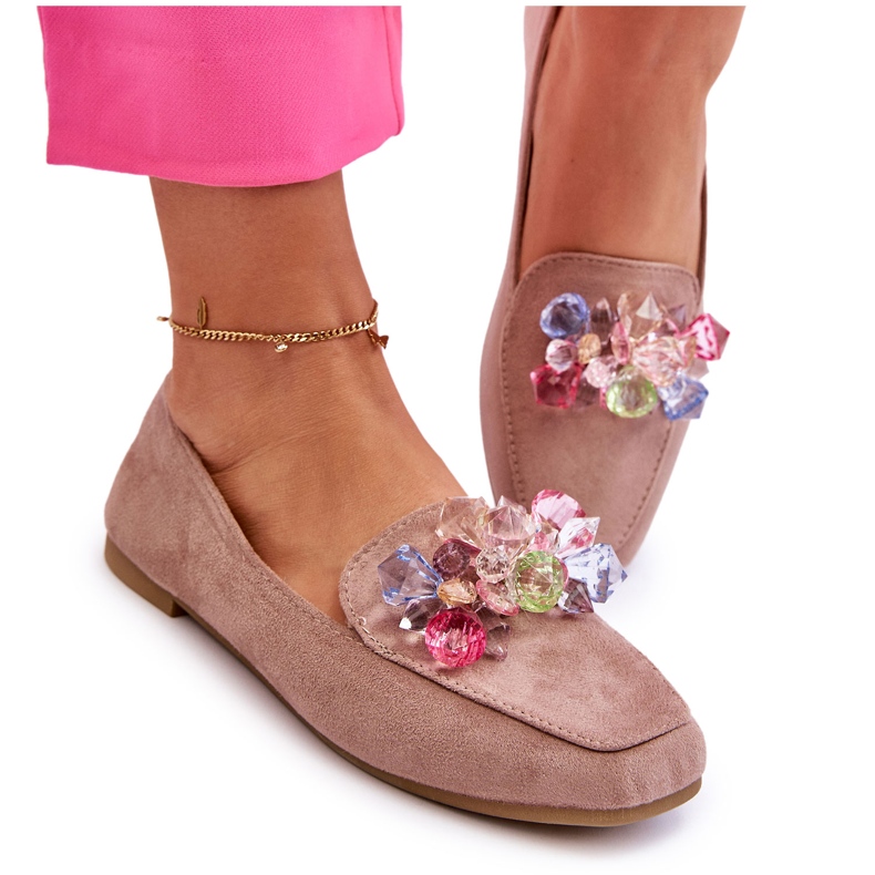 PS1 Mocasini din piele intoarsa Cu Cristale Decorative Bej Inchis Arvilla