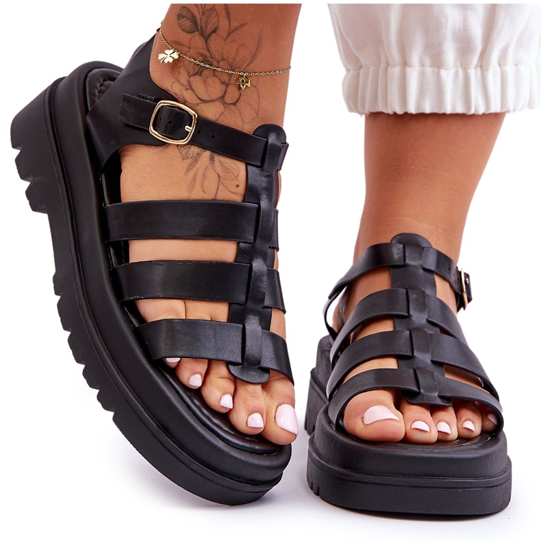 Sandale Piele Cu Bretele Negre Colet negru