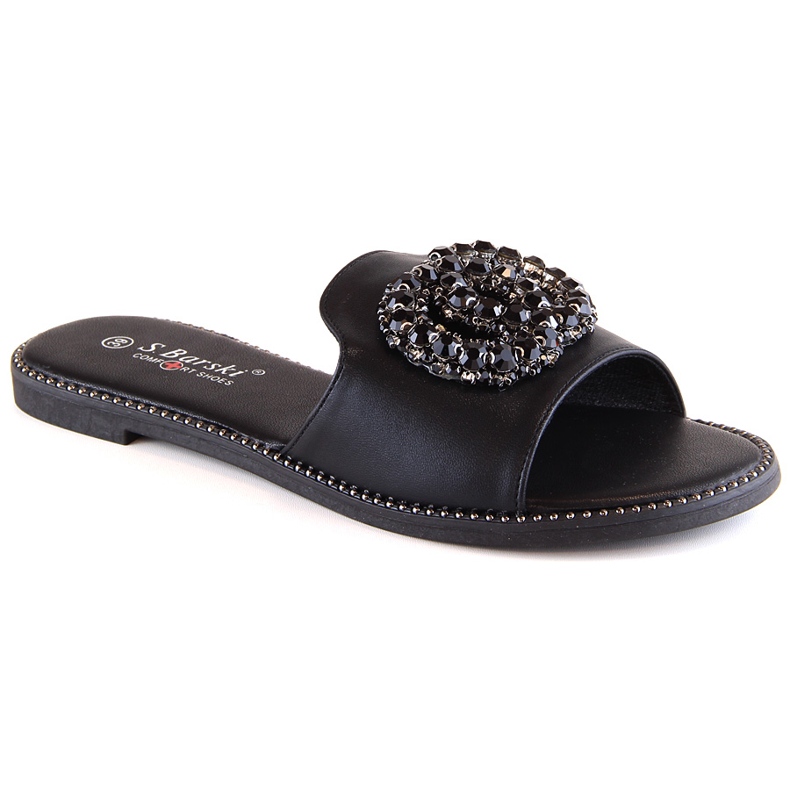 Papuci dama plati confortabili cu zirconi negri S.Barski Kv 520-30 negru