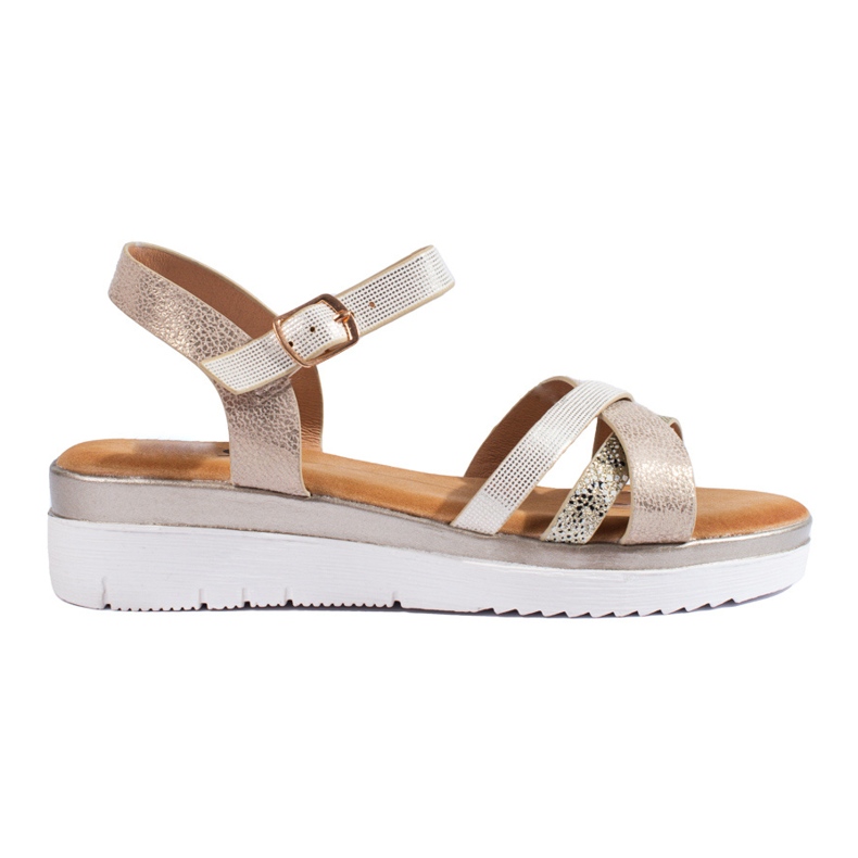 Sandale confortabile pe o pană joasă Shelovet bej și auriu de aur