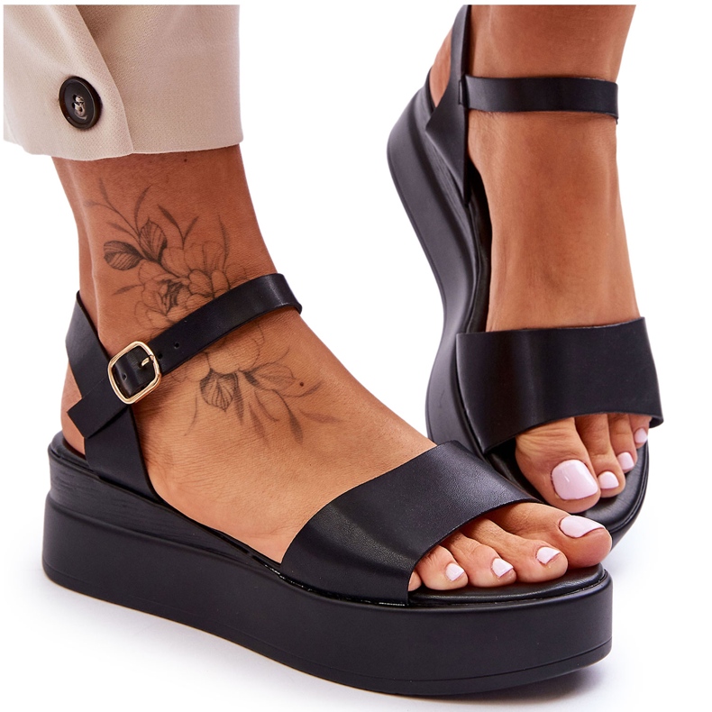 Sandale cu pană din piele confortabile Tifena Neagră negru