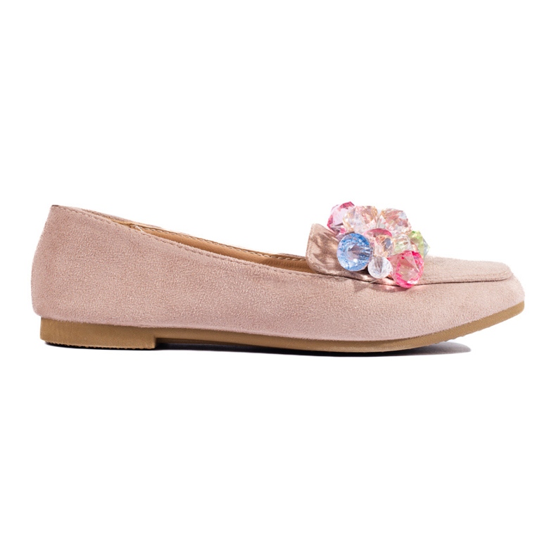 Mocasini de piele intoarsa bej cu cristale de la Shelovet Mocasini de piele intoarsa bej cu cristale de la Shelovet