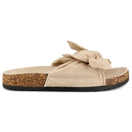 Papuci de dama clasici de piele intoarsa bej cu fundita