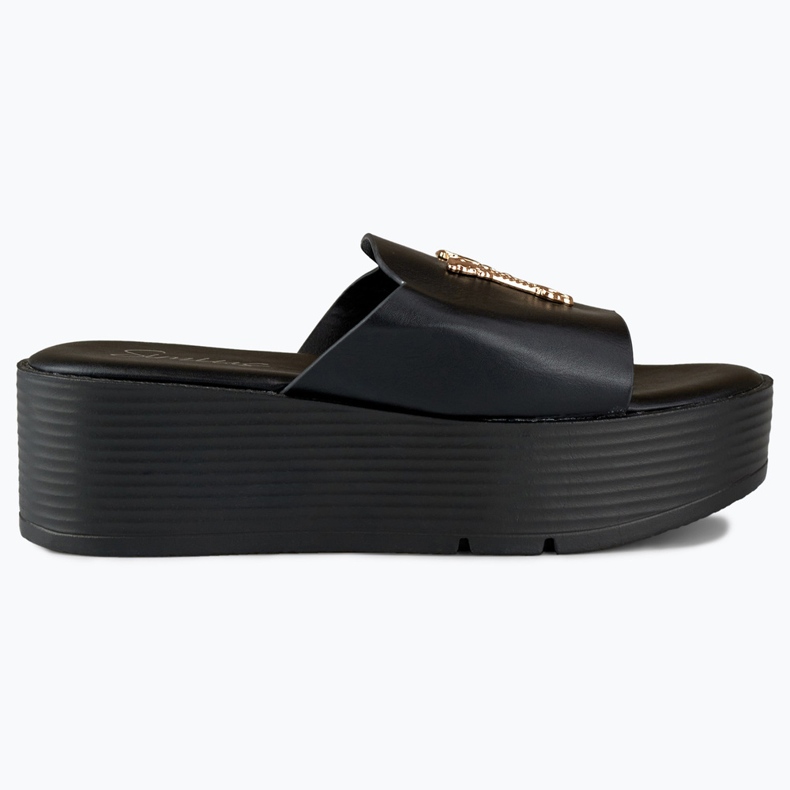 Sandale de damă negre cu pană cu decor auriu negru