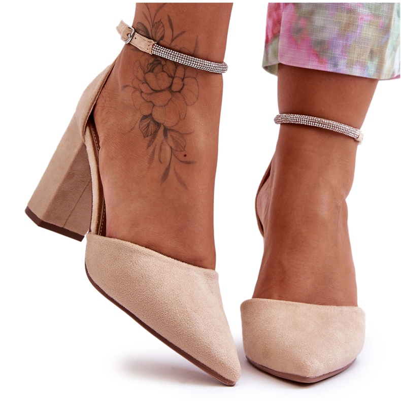 Pompe din piele intoarsa cu zirconi bej diamant