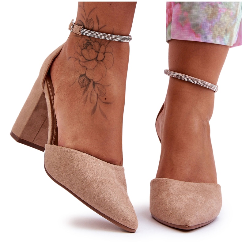 Pompe din piele intoarsa cu diamant, bej inchis, cu zirconiu cubic