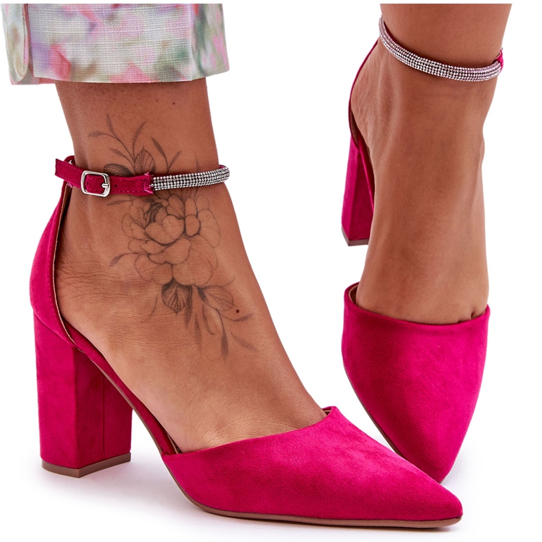 Pompe din piele intoarsa cu zirconiu fucsia diamant roz Pompe din piele intoarsa cu zirconiu fucsia diamant roz