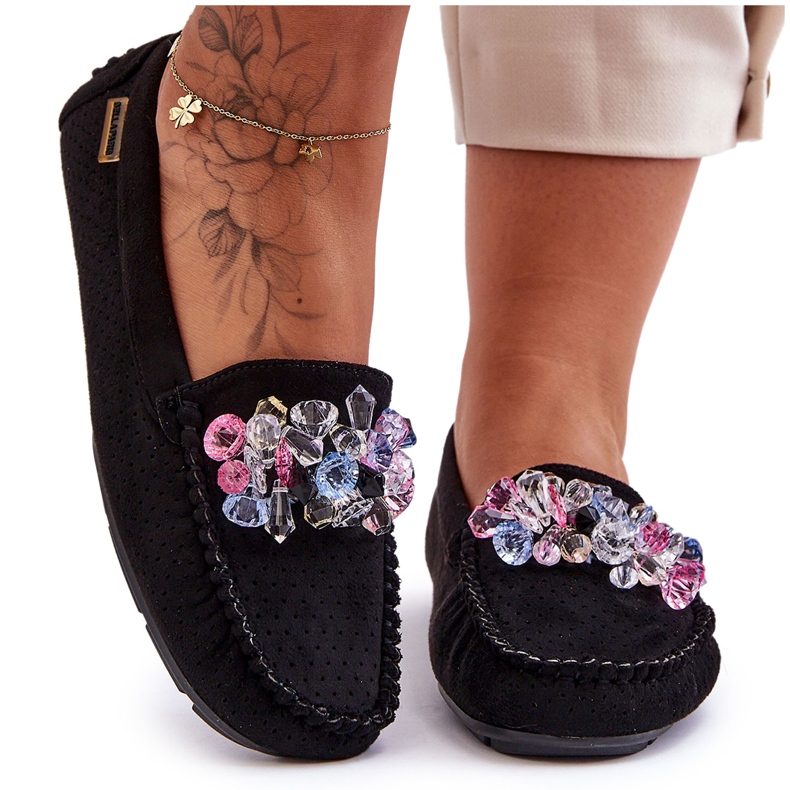 PM1 Mocasini la moda din piele intoarsa cu ornamente Delima Neagra negru