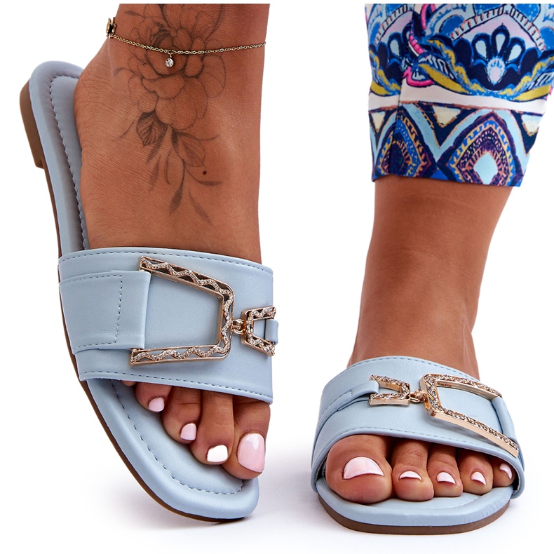 Papuci de damă, clasici, albastru, împodobiți impresionați