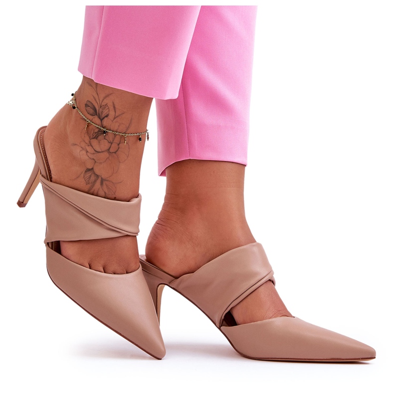 Inna Papuci din piele cu toc inalt Aveline Bej Inchis