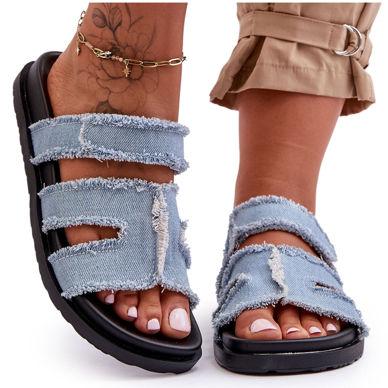 Papuci de damă din stofă cu velcro, albastru Lamirose