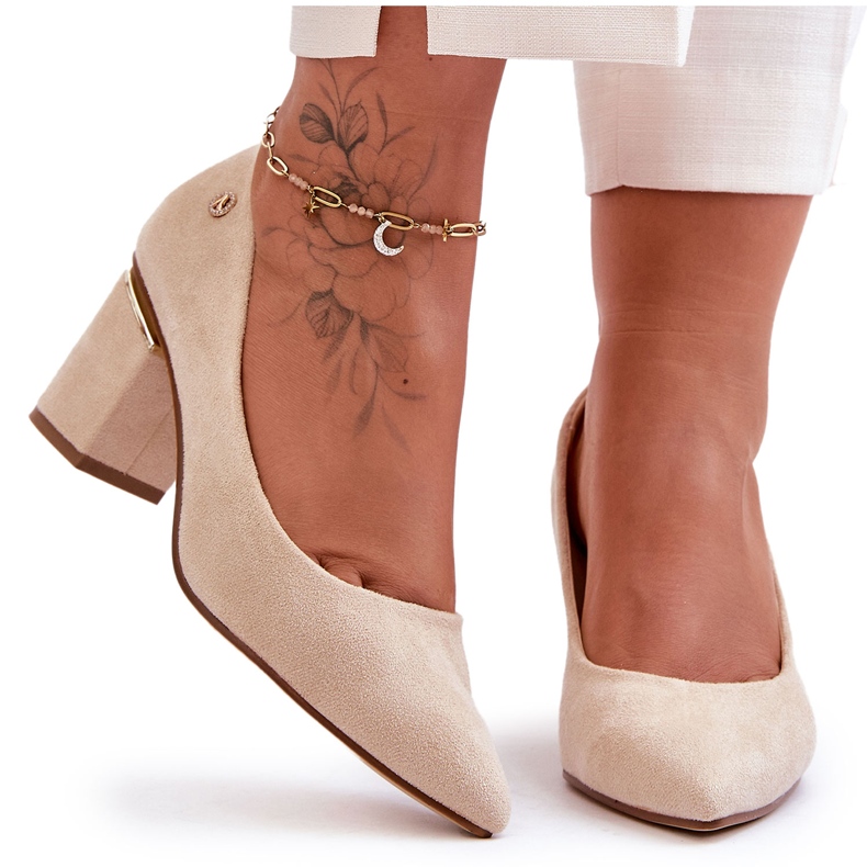 Pompe clasice din piele intoarsa cu toc inalt, cu impodobire Derren in bej deschis Pompe clasice din piele intoarsa cu toc inalt, cu impodobire Derren in bej deschis