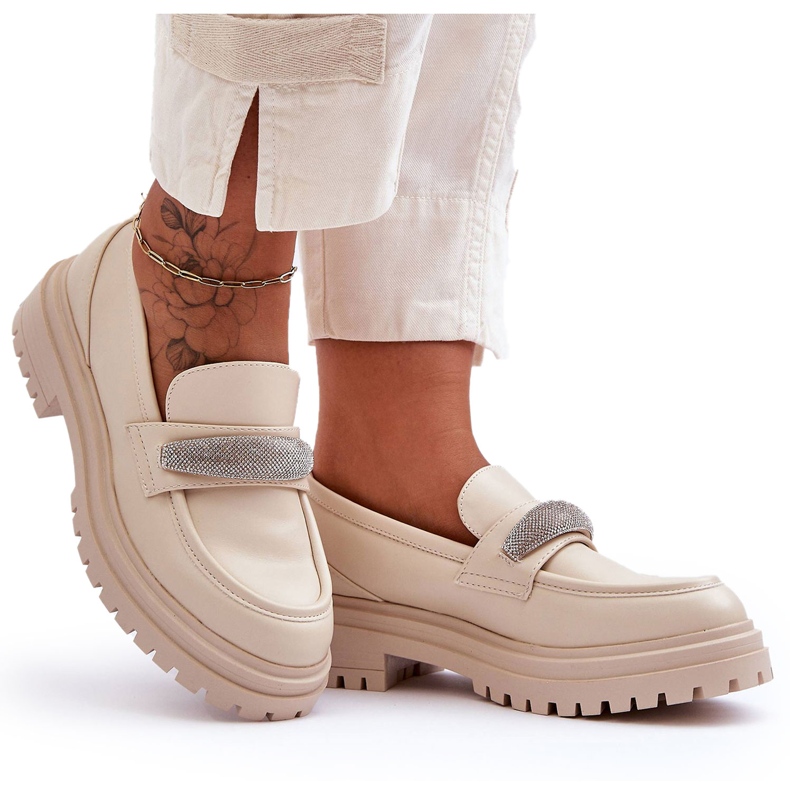 PG1 Mocasini groși din piele de la Aricka, cu ornamente bej