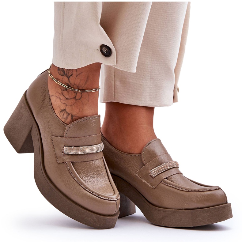 Lemar Brogues Piele Pe Toc Cu Decoratie Bej Inchis Gelanor