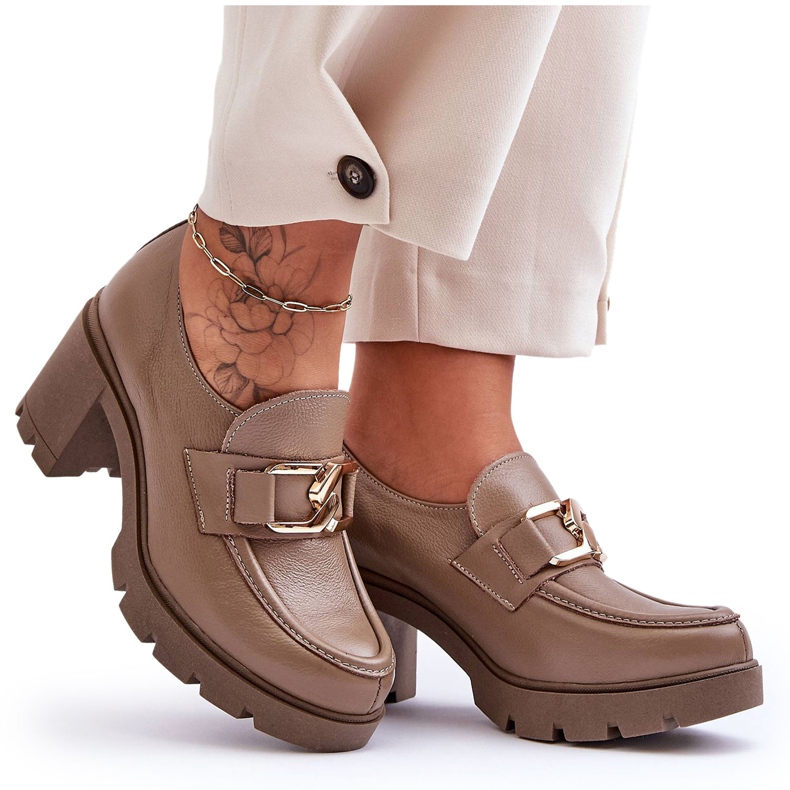 Lemar Brogues Elegante Pe Toc Cu Decor Harmell Bej Inchis