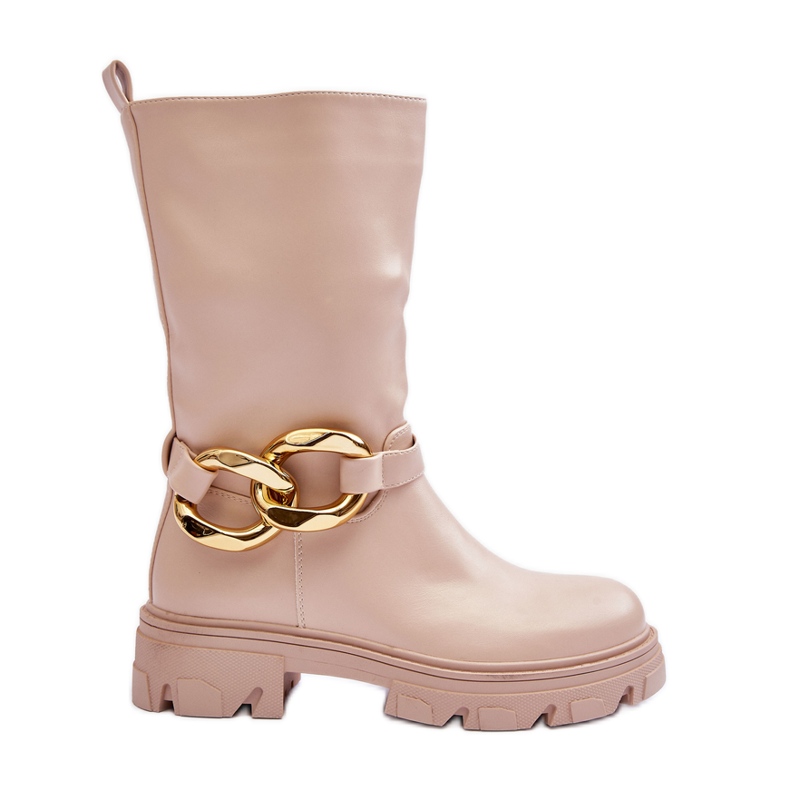 Cizme din Piele Toc Plat Diominna Bej