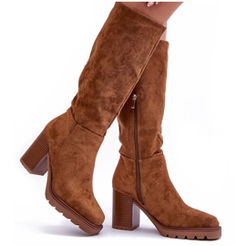 FJ1 Cizme maro Virdana din piele intoarsa cu tocuri masive