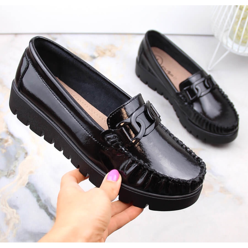 Mocasini de dama din piele lacuita neagra pe platforma Filippo DP3334 negru Mocasini de dama din piele lacuita neagra pe platforma Filippo DP3334 negru