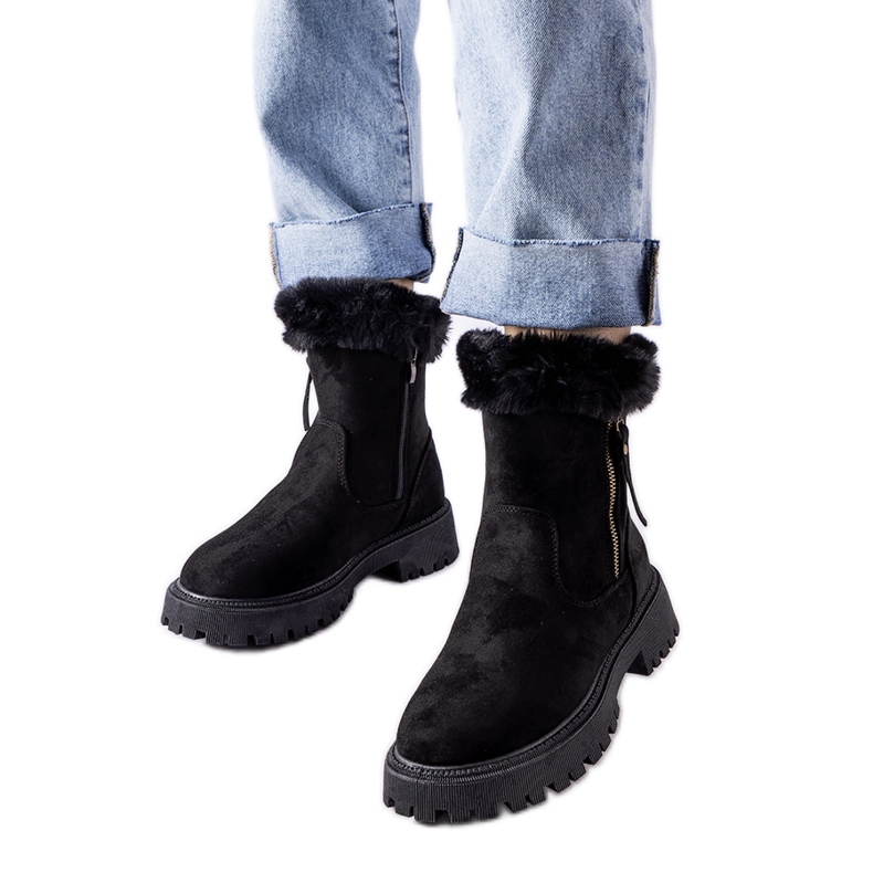 Cizme negre dama pentru zapada, din piele intoarsa ecologica Trigoso negru