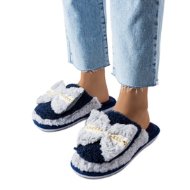 Papuci bleumarin si gri cu fundita albastru