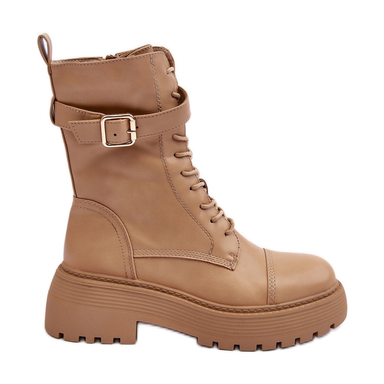 Cizme de muncitor din piele cu toc plat cu cataramă, Samivlo bej