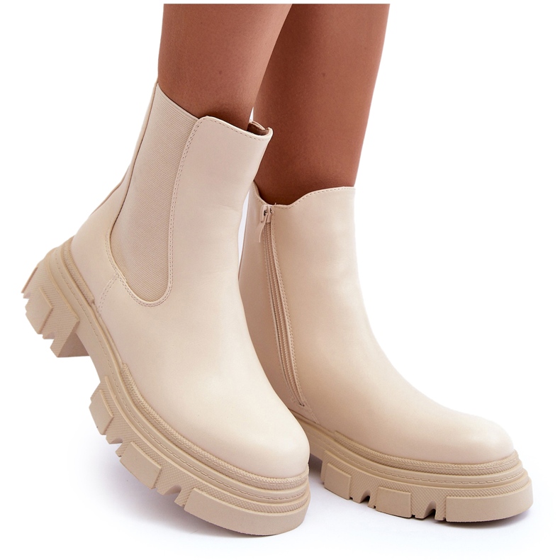 Cizme Chelsea din piele cu toc plat si platforma, Solita bej deschis