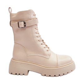 Botine de muncitor din piele cu toc plat, cu cataramă Samivlo bej deschis Botine de muncitor din piele cu toc plat, cu cataramă Samivlo bej deschis
