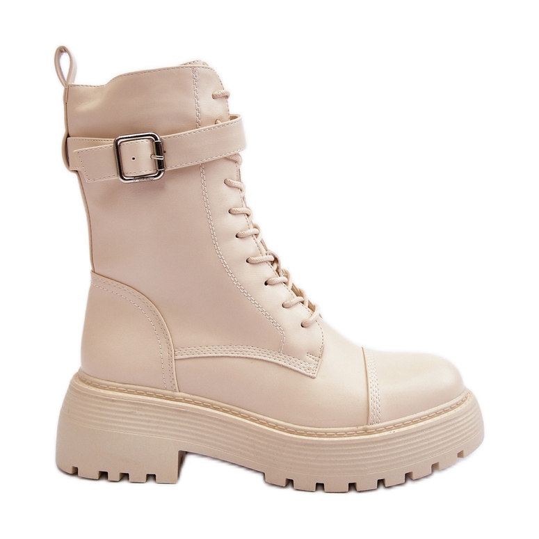 Botine de muncitor din piele cu toc plat, cu cataramă Samivlo bej deschis