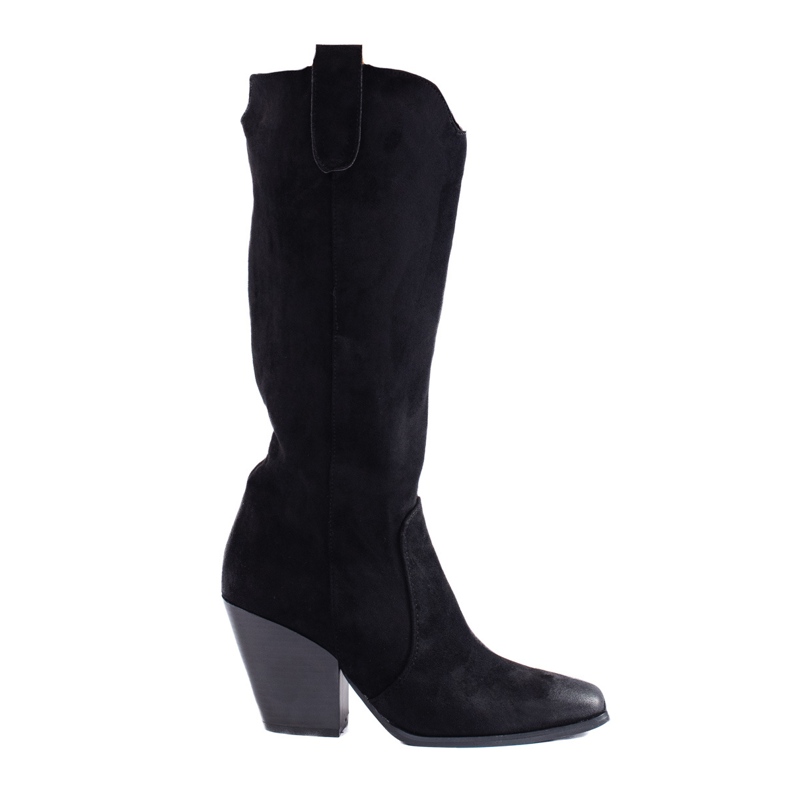 Cizme de cowboy cu toc înalt de piele de piele neagră Shelovet negru