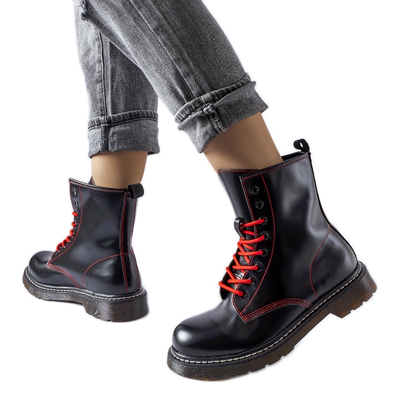 Inna Cizme negre decorate cu fir roșu Rocco negru