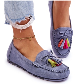 Mocasini albastri din piele intoarsa cu fundita si franjuri albastru