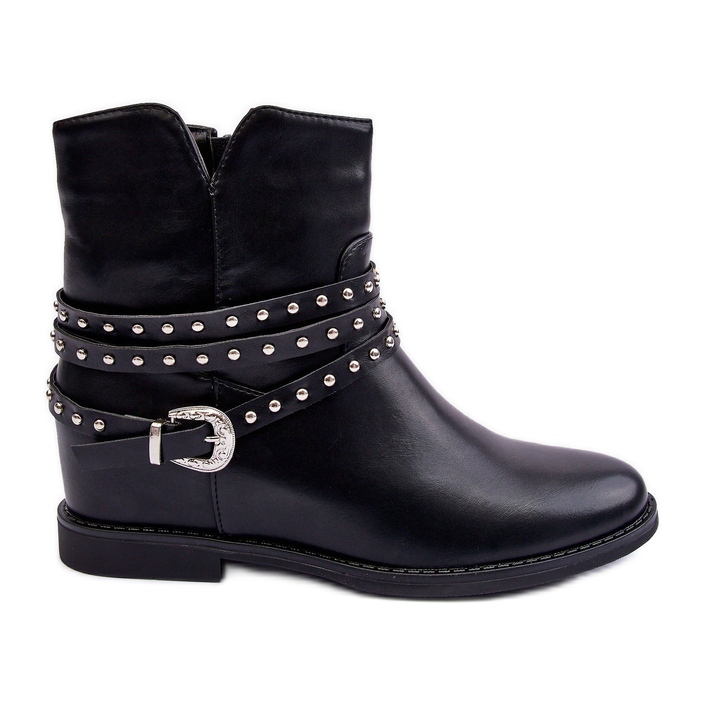 Cizme plate de damă din piele decorată Negru de Adkrana