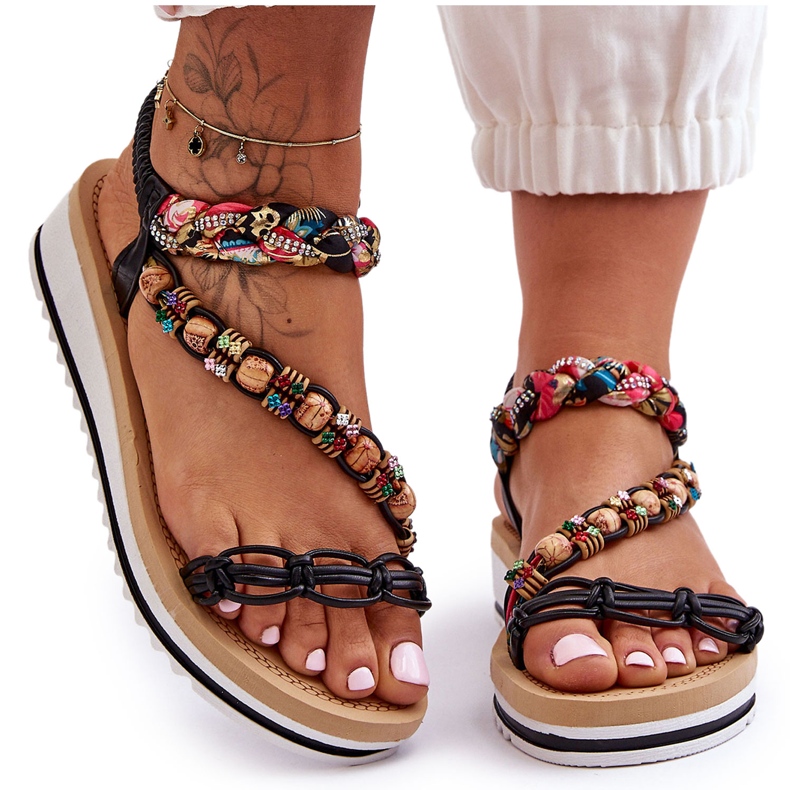 Sandale confortabile pentru femei pentru femei cu mărgele negre negru