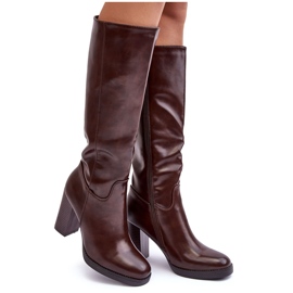 PS1 Cizme elegante din piele peste genunchi pe toc inalt, maro, Felsha PS1 Cizme elegante din piele peste genunchi pe toc inalt, maro, Felsha