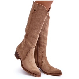 Cizme de cowboy din piele intoarsa Lunah bej cu tocuri joase