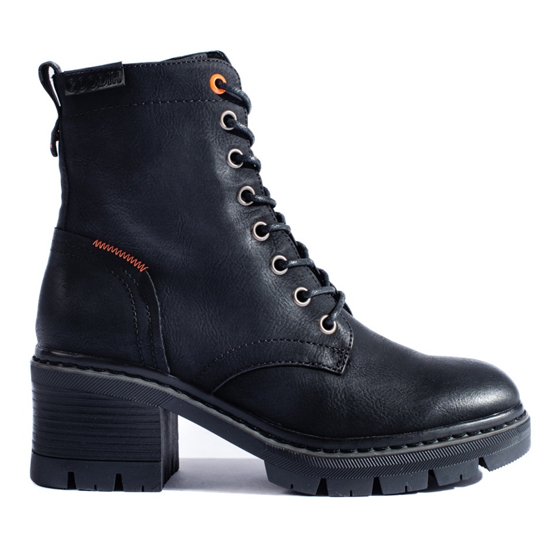 Botine negre Shelovet cu siret, cu toc larg negru