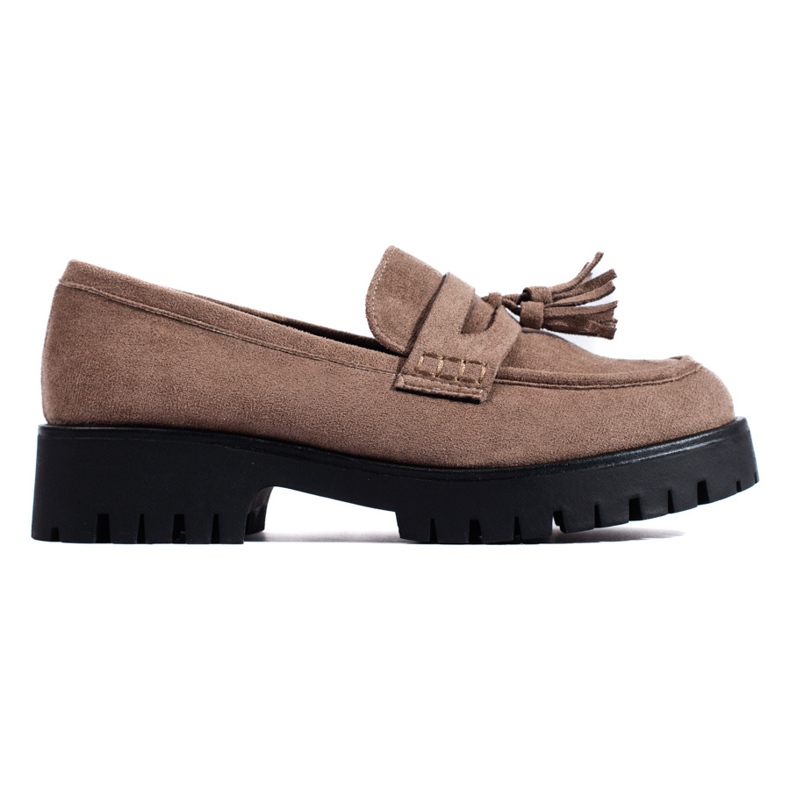 Mocasini Shelovet de piele intoarsa bej inchis cu franjuri