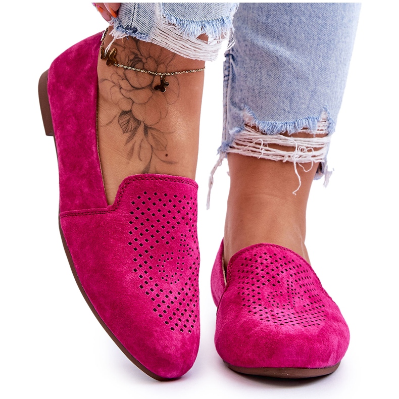 S.Barski Mocasini ajurat confortabili din piele intoarsa Fuchsia roz