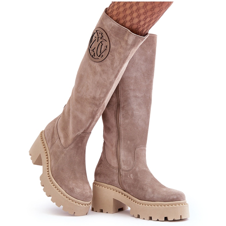 Lewski Shoes Cizme peste genunchi din piele intoarsa de dama bej inchis Lewski 3367