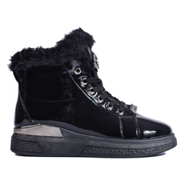 Botine negre cu siret cu blana Shelovet negru Botine negre cu siret cu blana Shelovet negru