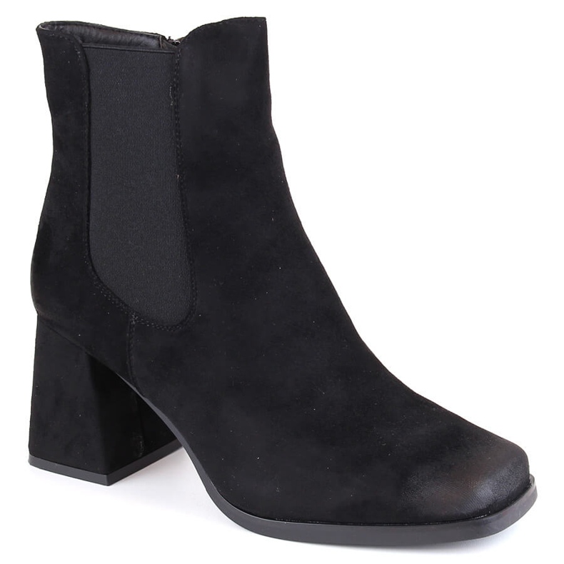 Botine de damă din piele intoartă cu toc înalt decorativ, Potocki negre SZ12183 negru