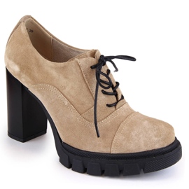 Pantofi de dama din piele intoarsa pe toc inalt si platforma, bej Filippo DP4918