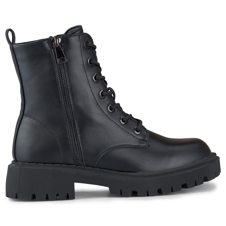 Botine negre de damă din piele ecologică cu șireturi negru