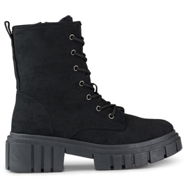 Botine de damă din piele intoarsa neagra cu siret negru